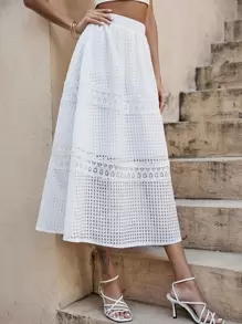 SHEIN Holidaya High Waist Guipure Lace Insert Skirt - White - View 5