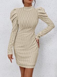 SHEIN Essnce Mock Neck Gigot Sleeve Bodycon Dress - Khaki - View 1