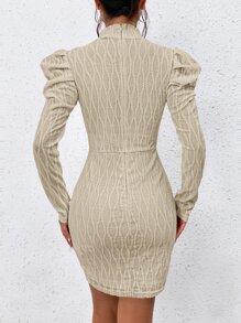 SHEIN Essnce Mock Neck Gigot Sleeve Bodycon Dress - Khaki - View 2