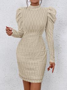 SHEIN Essnce Mock Neck Gigot Sleeve Bodycon Dress - Khaki - View 5