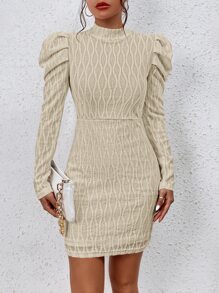 SHEIN Essnce Mock Neck Gigot Sleeve Bodycon Dress - Khaki - View 6