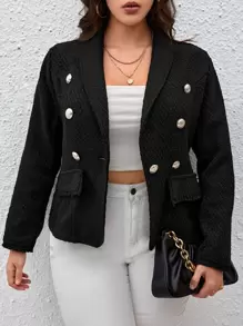 SHEIN Essnce Plus Shawl Collar Double Breasted Blazer - Black - View 2