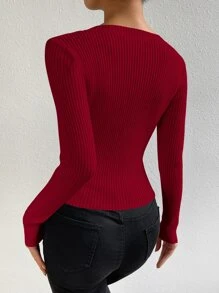 Chiquease Áo len cổ tròn, áo len dài tay, áo chui đầu mùa thu đông. - Màu Đỏ Sâu - Xem 2