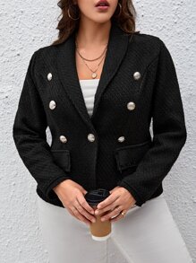 SHEIN Essnce Plus Shawl Collar Double Breasted Blazer - Black - View 1