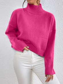 SHEIN Frenchy High Neck Drop Shoulder Jumper - Hot Pink - View 1