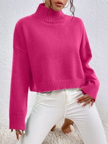 SHEIN Frenchy High Neck Drop Shoulder Jumper - Hot Pink - View 3