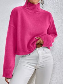 SHEIN Frenchy High Neck Drop Shoulder Jumper - Hot Pink - View 4