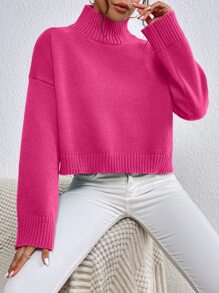SHEIN Frenchy High Neck Drop Shoulder Jumper - Hot Pink - View 5