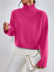 SHEIN Frenchy High Neck Drop Shoulder Jumper - Hot Pink - View 6