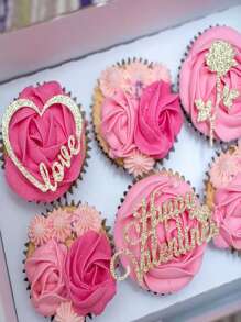 3入組金屬亮絲心和花朵設計蛋糕裝飾 - 金色 - 查看 1