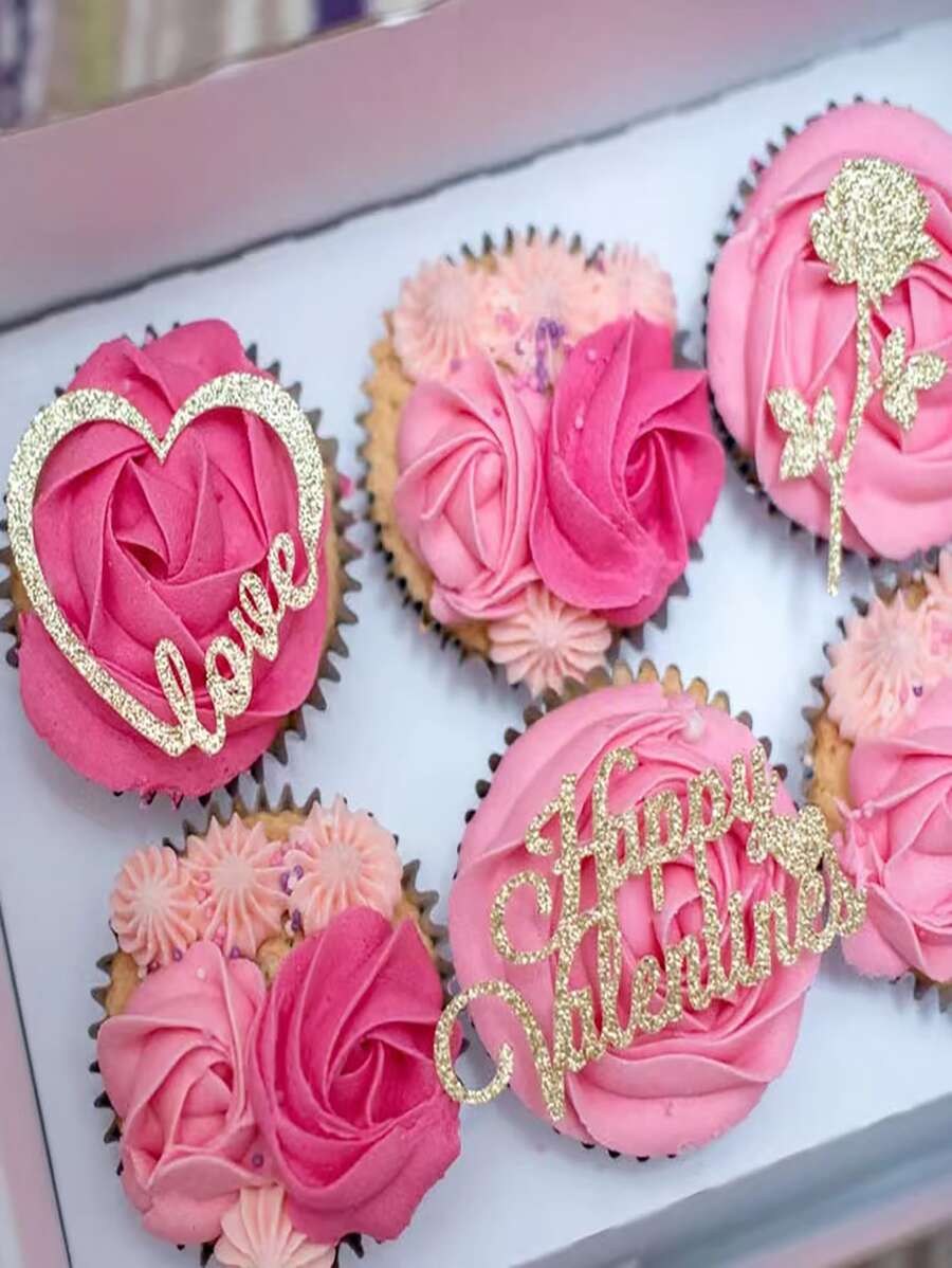 3入組金屬亮絲心和花朵設計蛋糕裝飾 - 金色 - 查看 1