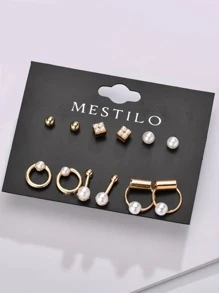 6對假珍珠和圓圈裝飾耳環 - 金黃色 - 查看 2