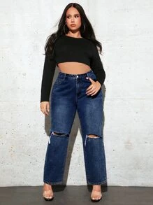 SHEIN SXY Plus Ripped Straight Leg Jeans - Dark Wash - View 1