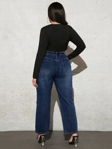 SHEIN SXY Plus Ripped Straight Leg Jeans - Dark Wash - View 2