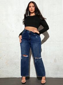 SHEIN SXY Plus Ripped Straight Leg Jeans - Dark Wash - View 3