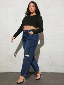 SHEIN SXY Plus Ripped Straight Leg Jeans - Dark Wash - View 4