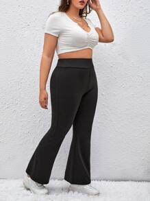 SHEIN Essnce Plus Solid Flare Leg Trousers - Black - View 5