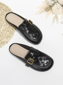 Buckle Decor Braided Detail Mule Flats - Black - View 1
