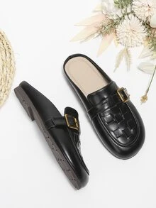 Buckle Decor Braided Detail Mule Flats - Black - View 2