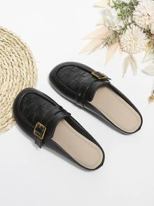 Buckle Decor Braided Detail Mule Flats - Black - View 3