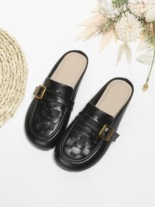 Buckle Decor Braided Detail Mule Flats - Black - View 4