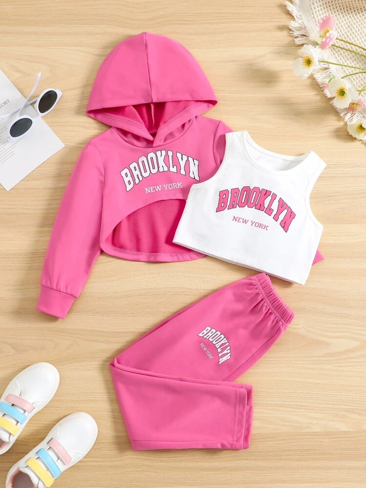 SHEIN Jeune fille Lettrage Graphique Capuche Crop & Pantalon de Survêtement & Débardeur - Multicolore - Voir 1