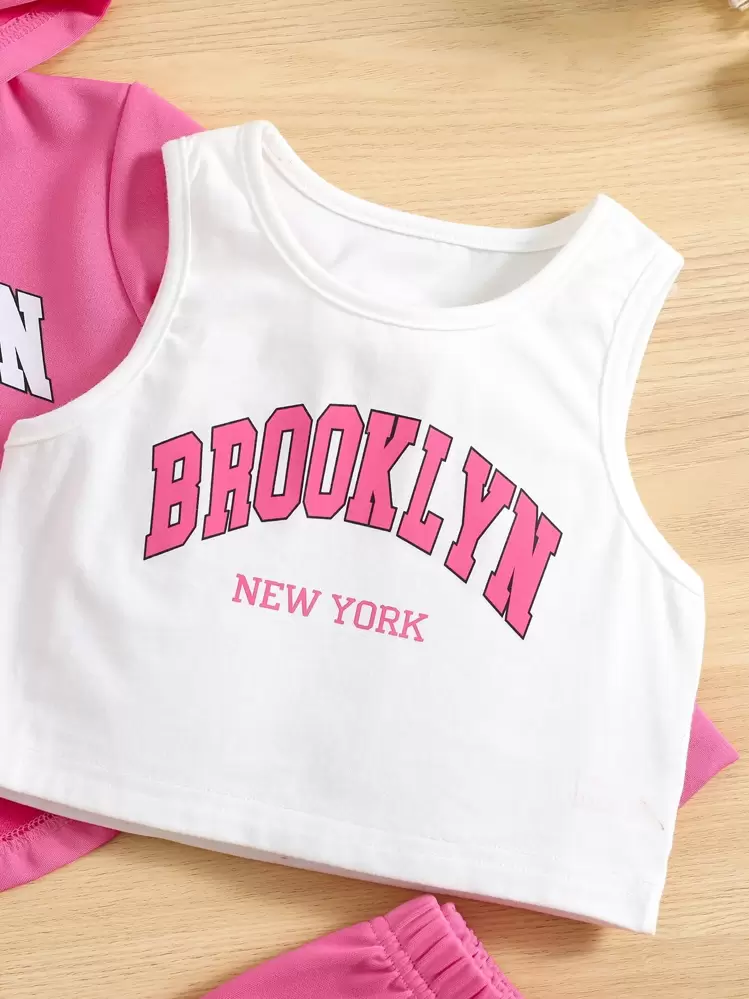 SHEIN Jeune fille Lettrage Graphique Capuche Crop & Pantalon de Survêtement & Débardeur - Multicolore - Voir 3