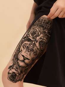 Tatuaje adhesivo, 1 hoja Tatuajes temporales con estampado de flores y león de manga de medio brazo grande Para el antebrazo de las mujeres de los hombres, pegatinas de tatuajes falsos de animales para adultos, León de tatuaje realista negro, para mujeres y niñas - Negro - Ver 2