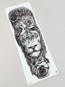 Tatuaje adhesivo, 1 hoja Tatuajes temporales con estampado de flores y león de manga de medio brazo grande Para el antebrazo de las mujeres de los hombres, pegatinas de tatuajes falsos de animales para adultos, León de tatuaje realista negro, para mujeres y niñas - Negro - Ver 4