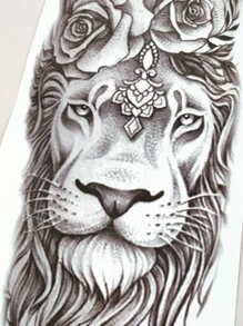 Tatuaje adhesivo, 1 hoja Tatuajes temporales con estampado de flores y león de manga de medio brazo grande Para el antebrazo de las mujeres de los hombres, pegatinas de tatuajes falsos de animales para adultos, León de tatuaje realista negro, para mujeres y niñas - Negro - Ver 5