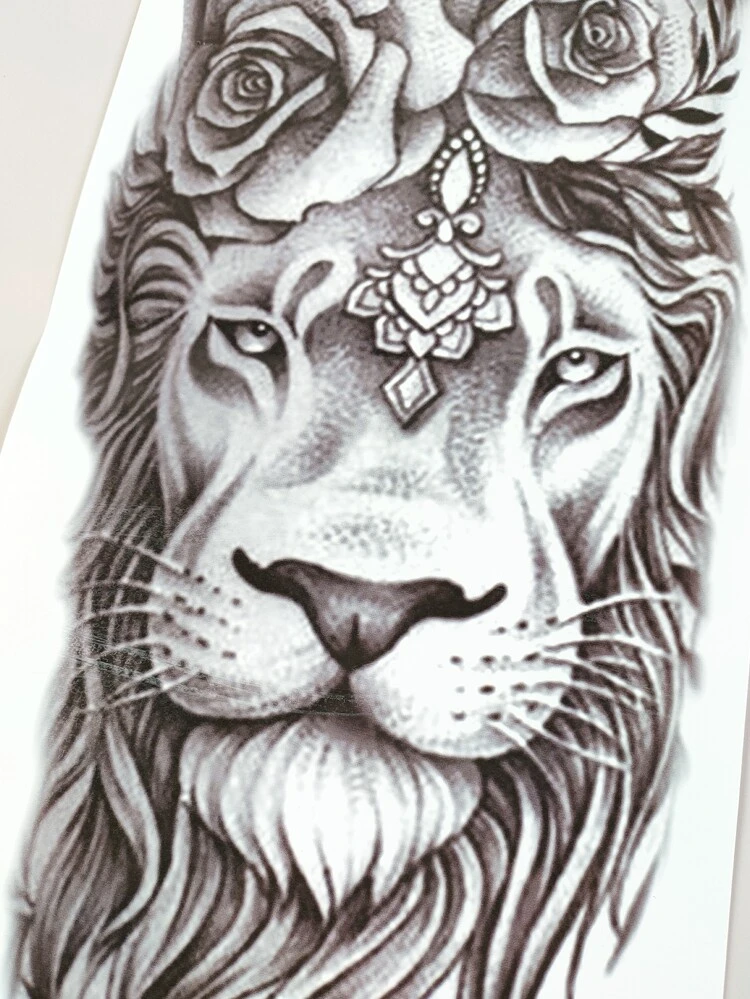 Tatuaje adhesivo, 1 hoja Tatuajes temporales con estampado de flores y león de manga de medio brazo grande Para el antebrazo de las mujeres de los hombres, pegatinas de tatuajes falsos de animales para adultos, León de tatuaje realista negro, para mujeres y niñas