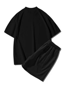 Manfinity Hypemode 男士寬鬆款字母印花t恤和束腰短褲 - 黑色 - 查看 2