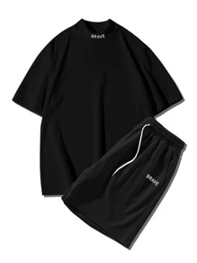 Manfinity Hypemode 男士寬鬆款字母印花t恤和束腰短褲 - 黑色 - 查看 4
