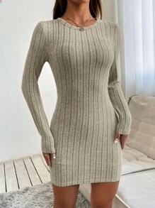 SHEIN PETITE Vestido ajustado tejido de canalé - Caqui - Ver 3