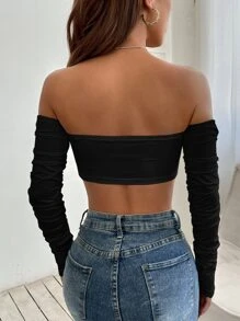 SHEIN PETITE Off Shoulder Drawstring Ruched Crop Off Shoulder Top