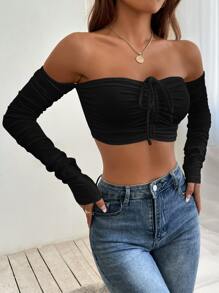 SHEIN PETITE Off Shoulder Drawstring Ruched Crop Off Shoulder Top