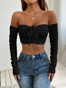 SHEIN PETITE Off Shoulder Drawstring Ruched Crop Off Shoulder Top