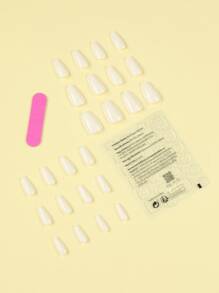 Trở nên quyến rũ với 24 móng tay giả dài màu trắng quan tài, bóng và 1 tờ băng dính, 1 dũa móng, dụng cụ làm móng - trắng - Xem 2