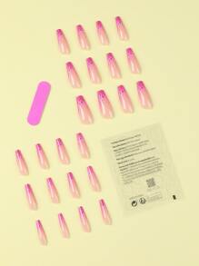 24 件长款棺材粉色火焰图案法式假指甲、1 件指甲锉和 1 片指甲胶带，立即提升您的外观，按压式指甲，美甲用品，美甲 - 彩色 - 查看 2