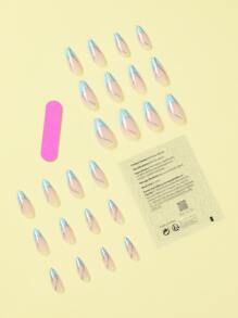 使用24入組長杏仁藍法式閃光假指甲和1入組指甲銼和1張膠帶升級您造型