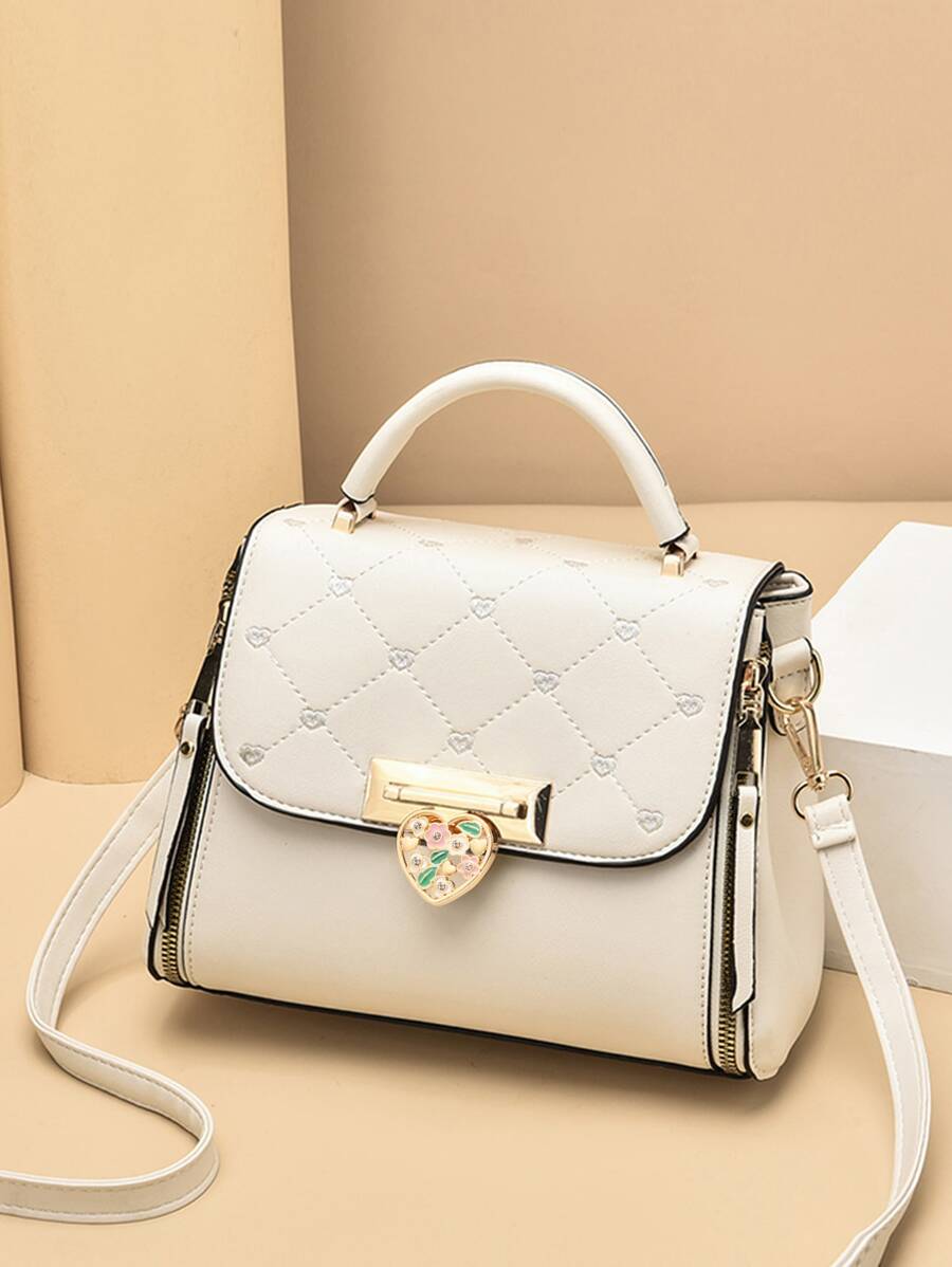 Heart Decor Flap Square Bag - Beige - View 1