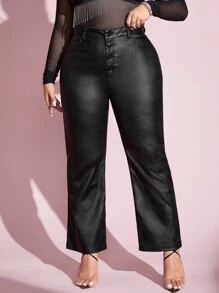 SHEIN Essnce 大尺寸純色高腰褲，適用於春秋季節 - 黑色 - 查看 4