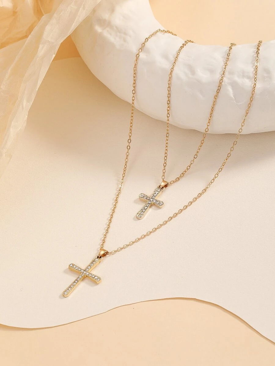 2入組水鑽十字架吊飾項鍊 - 金黃色 - 查看 1