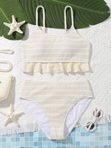 SHEIN Bộ bikini sọc Ruffle Hem dành cho nữ tuổi teen đi biển mùa hè - Màu be - Xem 1