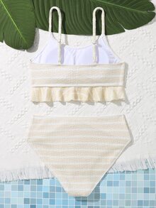 SHEIN Bộ bikini sọc Ruffle Hem dành cho nữ tuổi teen đi biển mùa hè - Màu be - Xem 2