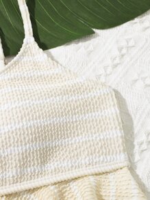 SHEIN Bộ bikini sọc Ruffle Hem dành cho nữ tuổi teen đi biển mùa hè - Màu be - Xem 3