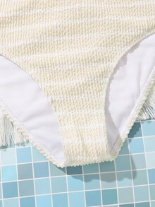 SHEIN Bộ bikini sọc Ruffle Hem dành cho nữ tuổi teen đi biển mùa hè - Màu be - Xem 5