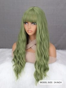 長款小波浪人造假髮帶劉海 - 綠色 - 查看 2