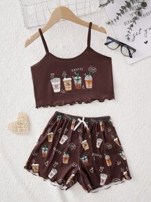 Girls Coffee & Letter Graphic Lettuce Trim PJ Set - Chocolate Brown - View 1
