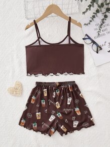 Girls Coffee & Letter Graphic Lettuce Trim PJ Set - Chocolate Brown - View 2